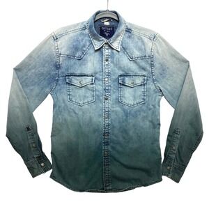 Guess Western Shirt Mens S Blue Green Long Sleeve Ombre Denim Snap Button Up